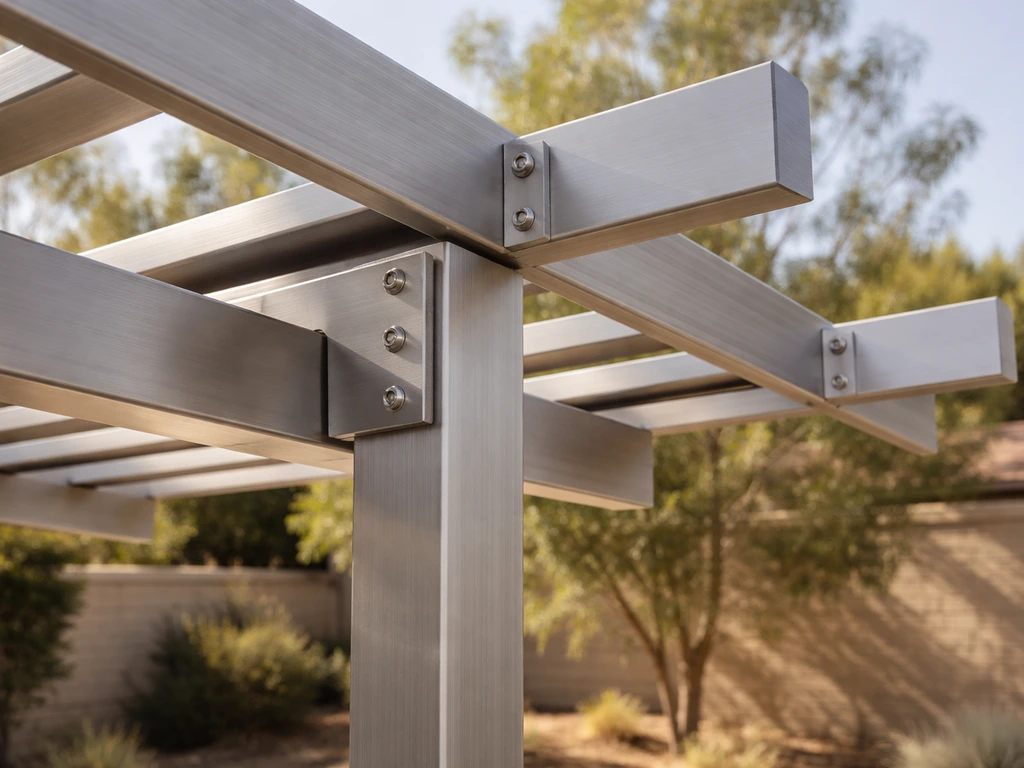 Close-up of brushed aluminum patio cover beams and hardware in a sunny California outdoor setting.