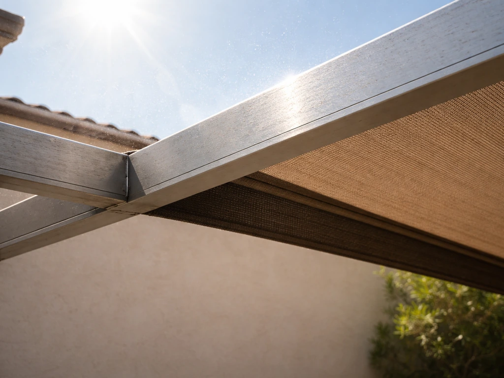 Metal patio cover under intense sun with visible UV wear and a contrasting shaded/protective area.