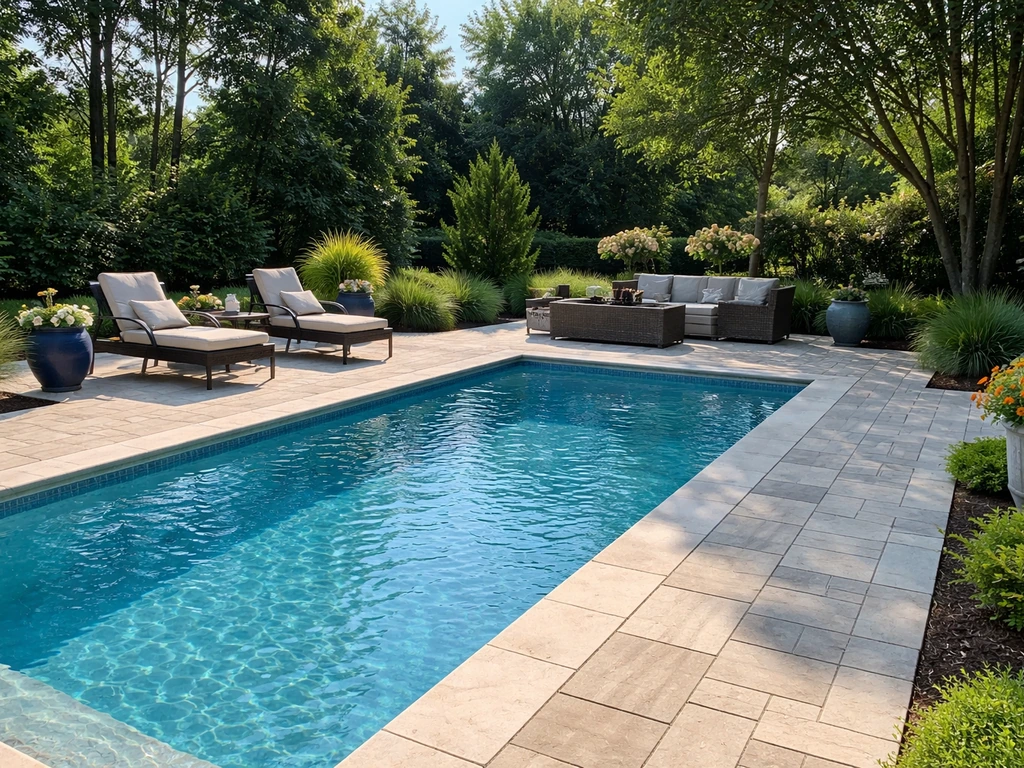 Sunlit backyard pool with a built patio, inviting outdoor living space for choosing the right contractor.