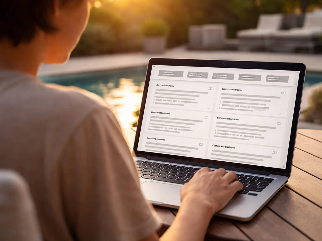 Homeowner in a patio setting reviewing pool and patio contractor reviews on a laptop outdoors.