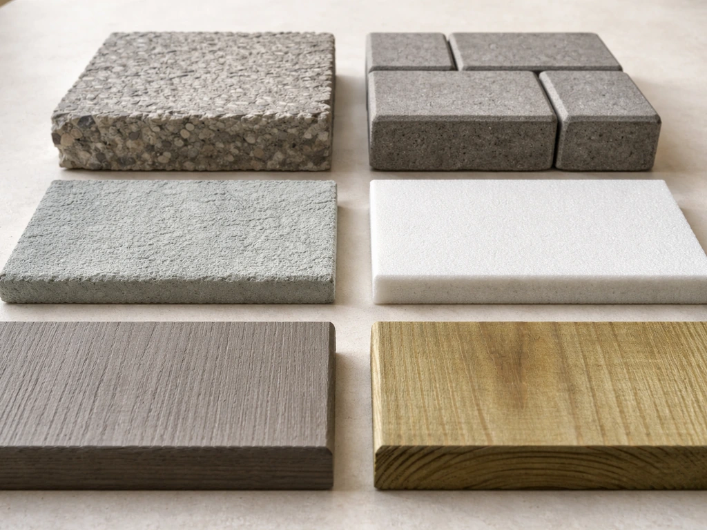 Side-by-side close-up of pavers vs poured concrete, gunite vs fiberglass, and composite vs pressure-treated lumber sampl
