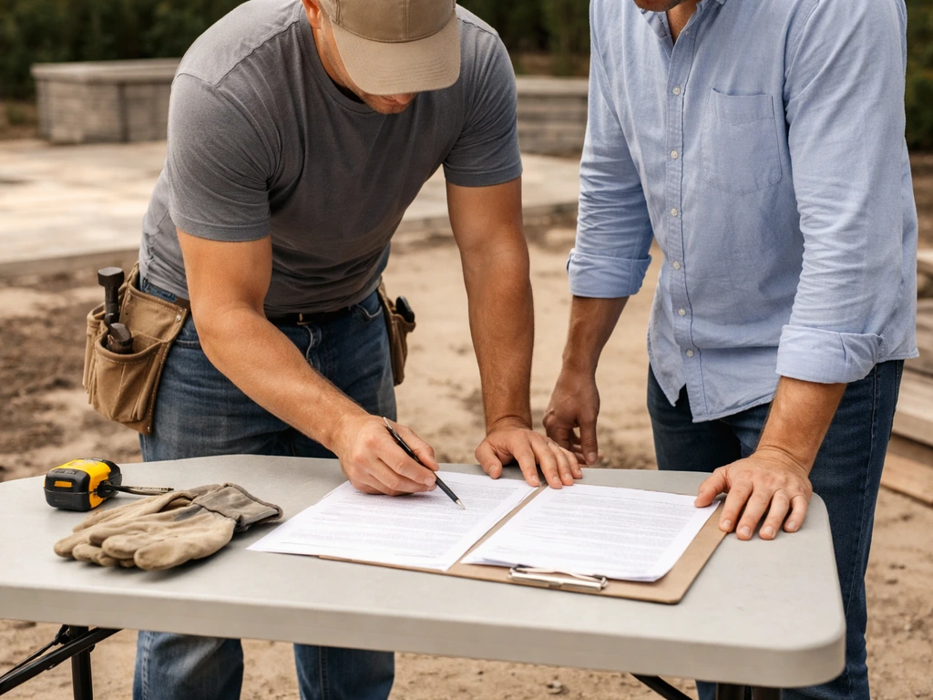 Contractor and homeowner review revised change-order paperwork at a patio construction site with outdoor materials behin