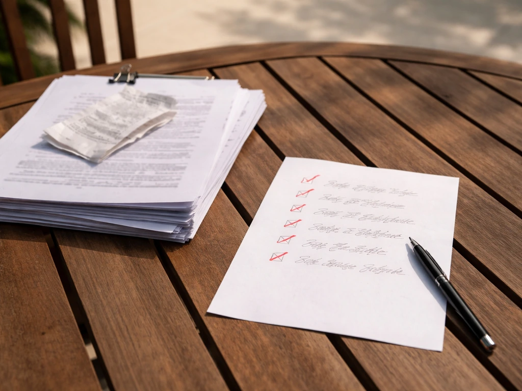 Patio table with small contract papers and a receipt beside a checklist with red-flag items.