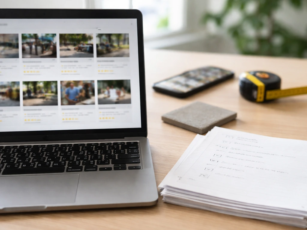 Close-up of a laptop with blurred review photos and handwritten patio measurement notes for contractor comparison