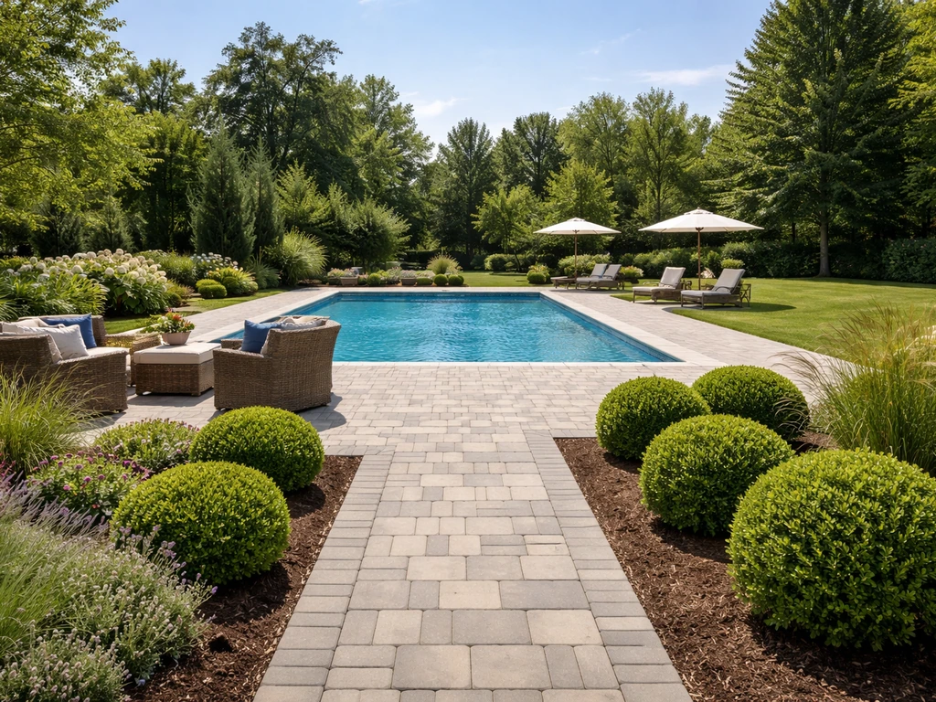 Wide backyard view with a paver patio and an in-ground pool in Central New Jersey style.