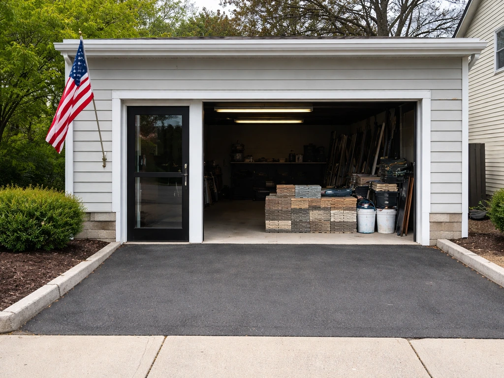 Street-level view of a small NJ contractor storefront with patio materials and tools, no people or text.