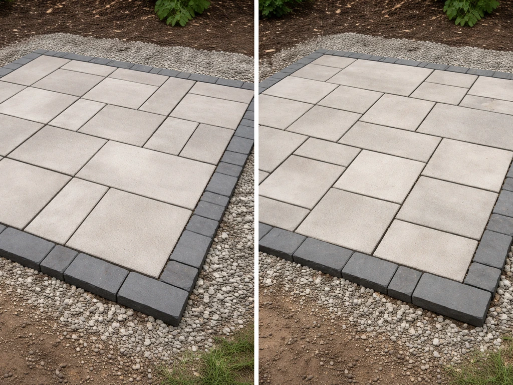 Split view of a neatly installed paver patio edge versus a misaligned, uneven paver section
