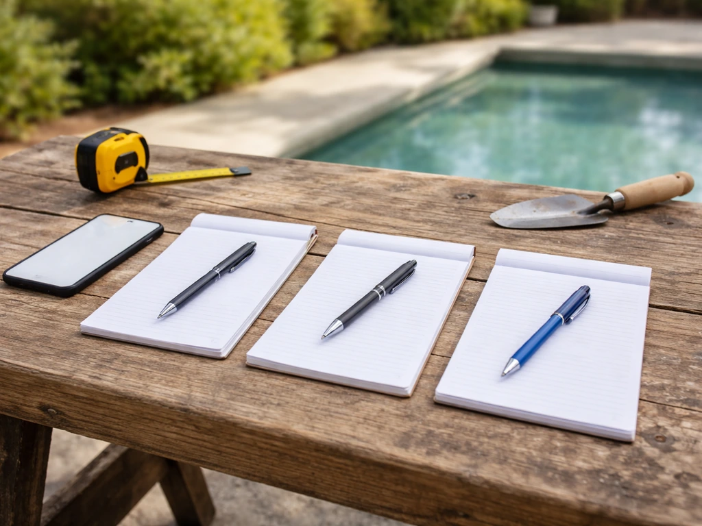A clean patio-and-pool contractor comparison scene with three blank notepads and a phone on a workbench
