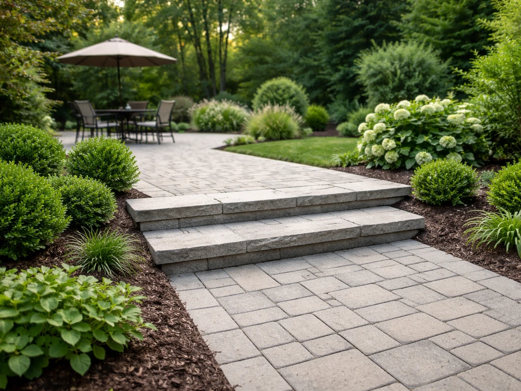 Backyard patio with stone pavers and surrounding greenery in clear, well-kept condition.
