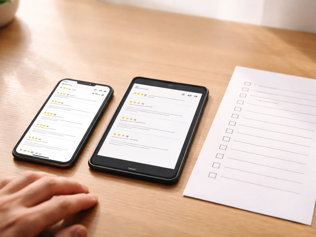 Close-up of a phone showing a review list with filters and a printed checklist for spotting fake reviews.