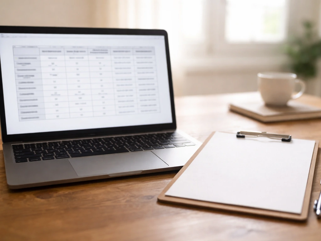 Minimal desk scene showing a laptop and clipboard with a contractor comparison matrix layout and filled example cells.