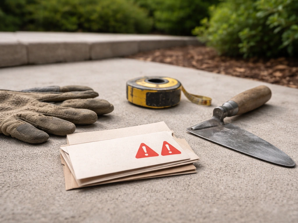 Close-up of patio tools and envelopes with small red warning icons on a concrete surface.