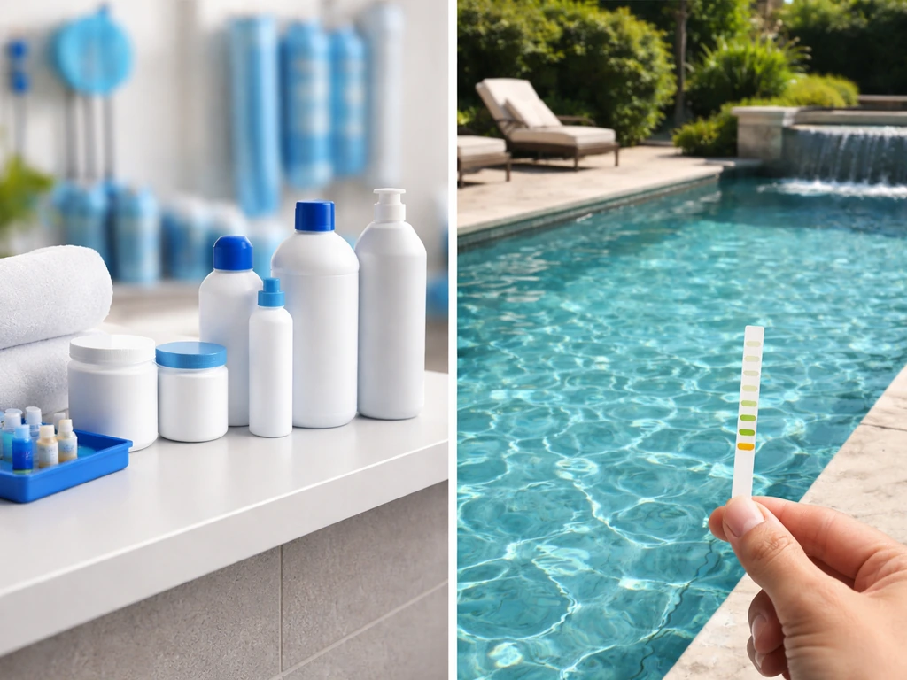 Split photo: pool supplies on one side and a finished patio spa with a water test strip on the other.