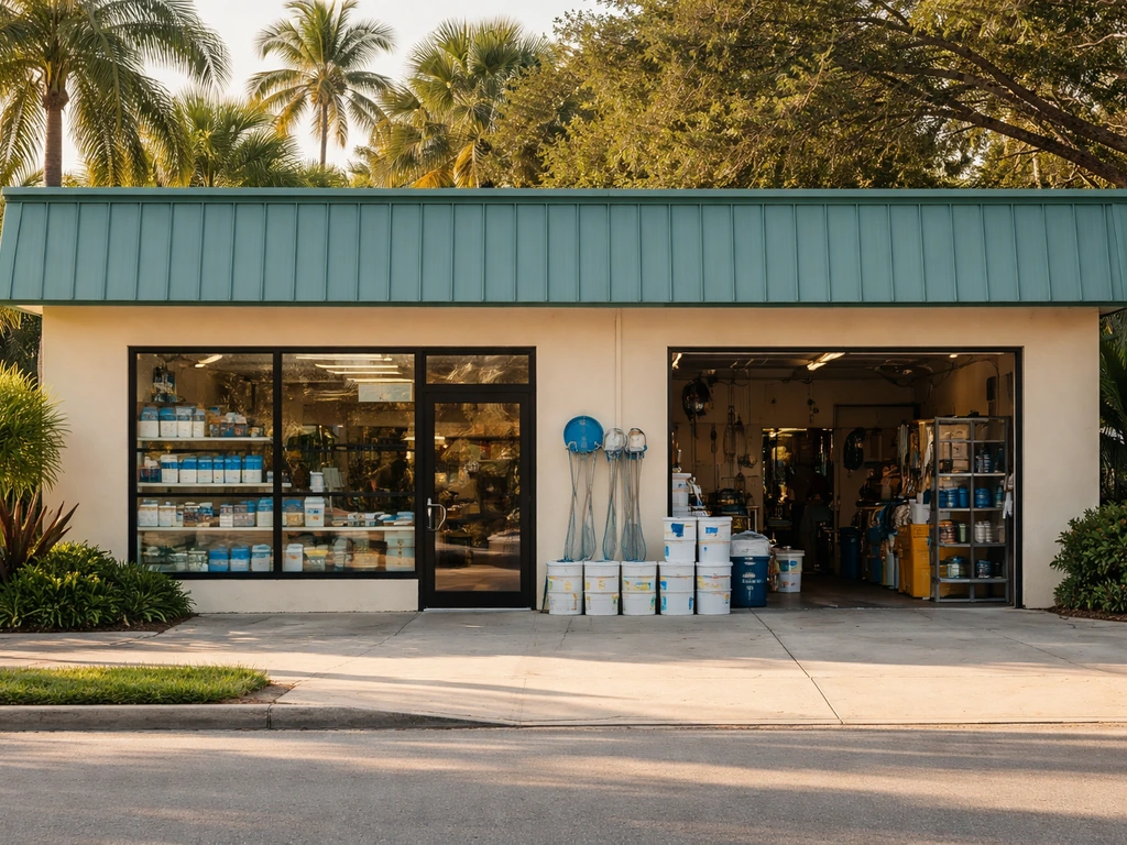 Sunlit storefront of a local pool supply service shop with an open service bay and retail items inside.