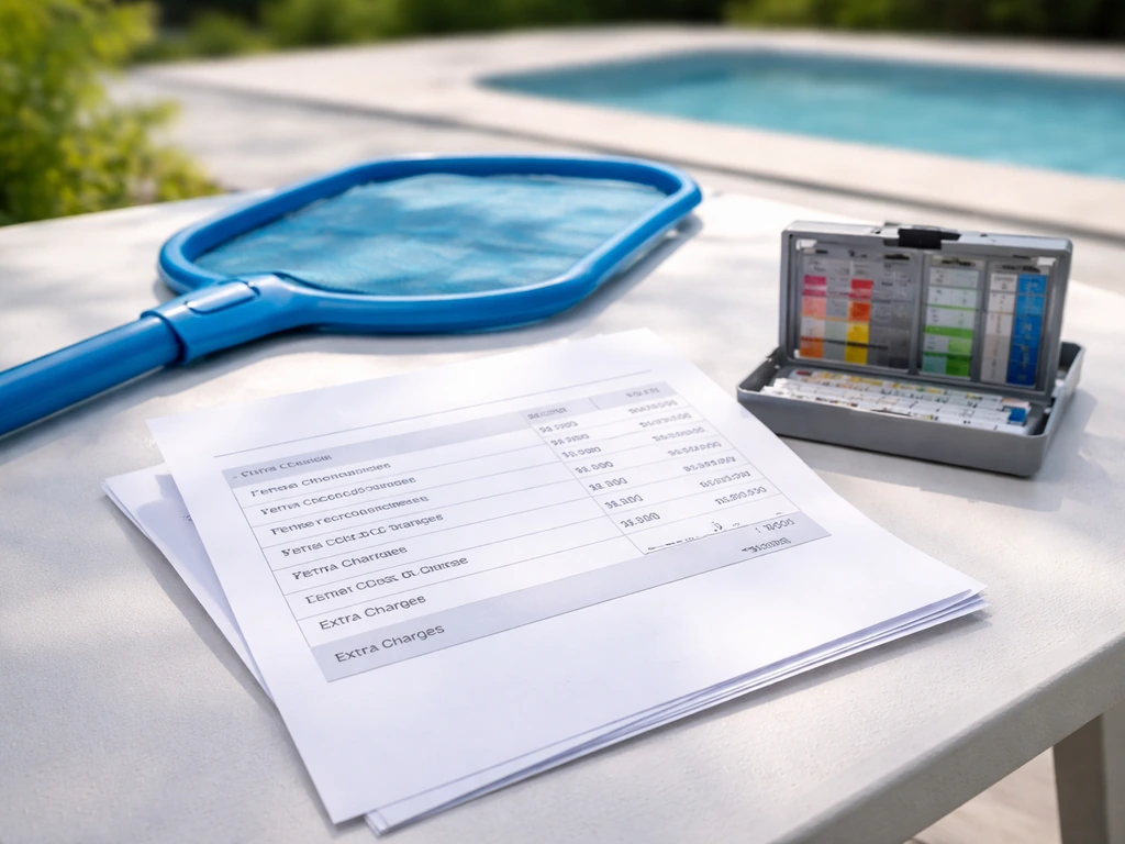 Technician-style invoice with unexpected add-on line items beside pool skimmer and pH test kit on a table
