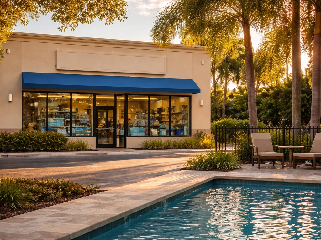 Pinch a Penny store frontage in Tampa, Florida with a nearby pool patio area in view.