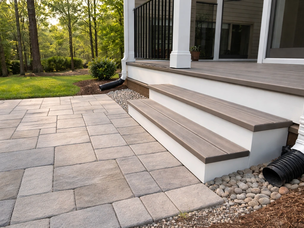 Finished porch and patio exterior detail showing materials and proper drainage slope on a home.