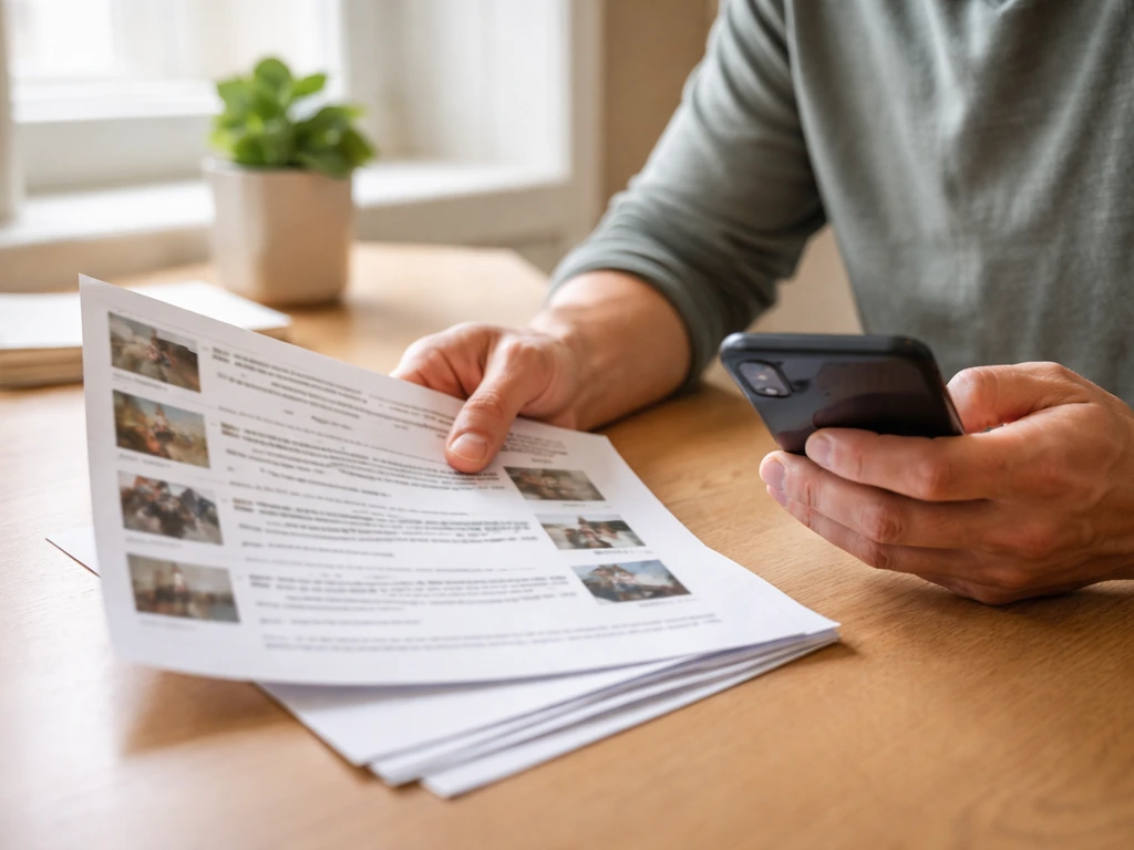 Homeowner reviewing patio/porch reviews on a smartphone with printed pages on a kitchen table.