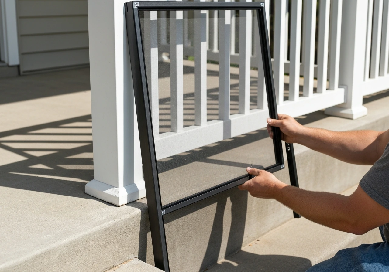 Hands fitting clear insect screening onto a dark porch frame on an Atlanta-style screened enclosure.