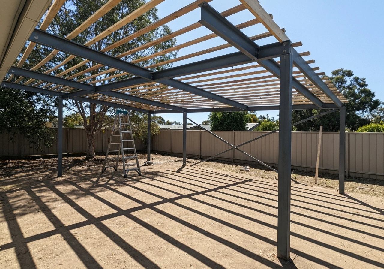Unfinished pergola frame with partially installed louvers, sunlight and sharp shadows in a backyard.