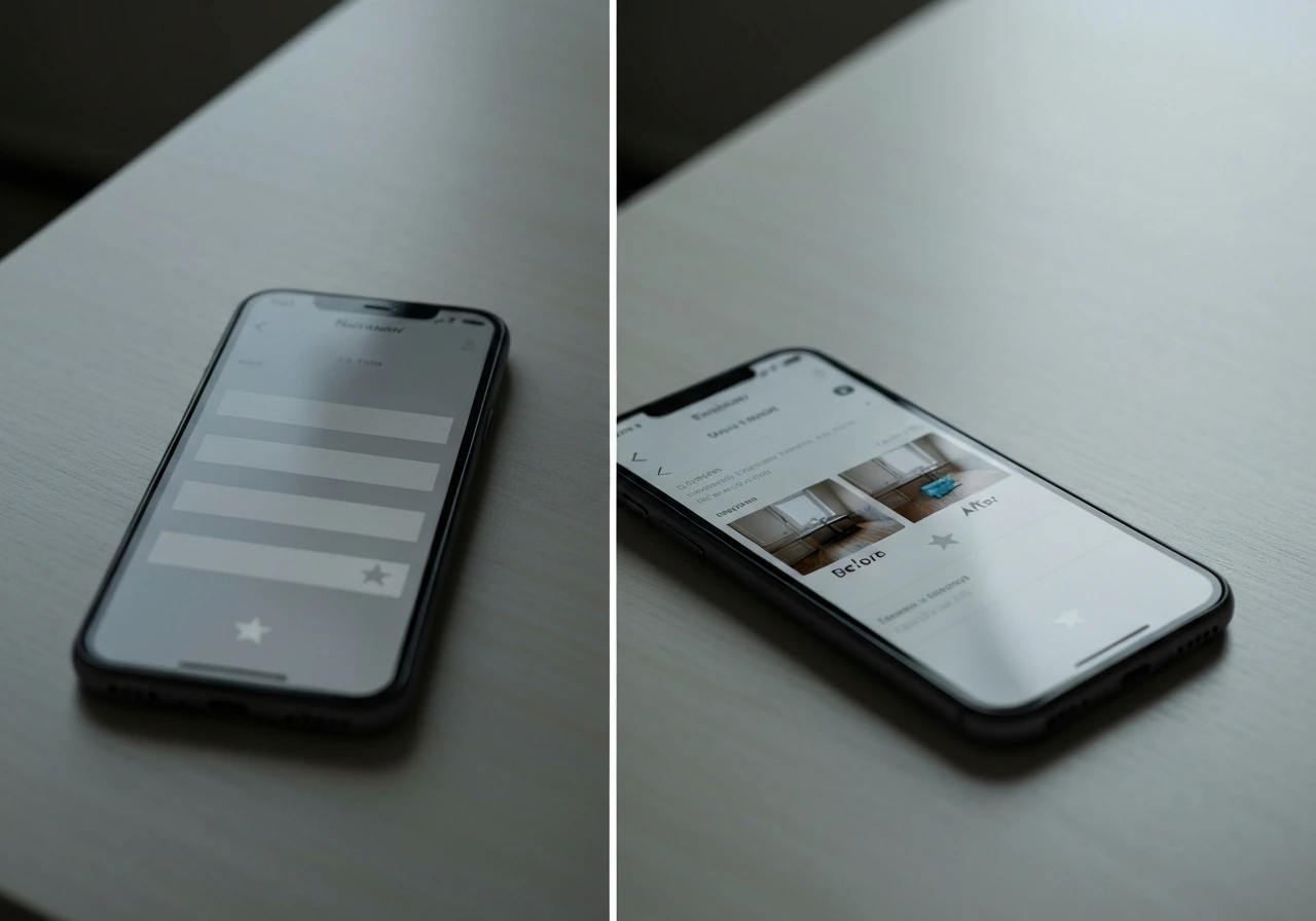 Split image: sparse review card with no photos on left vs before/after photo review on right.