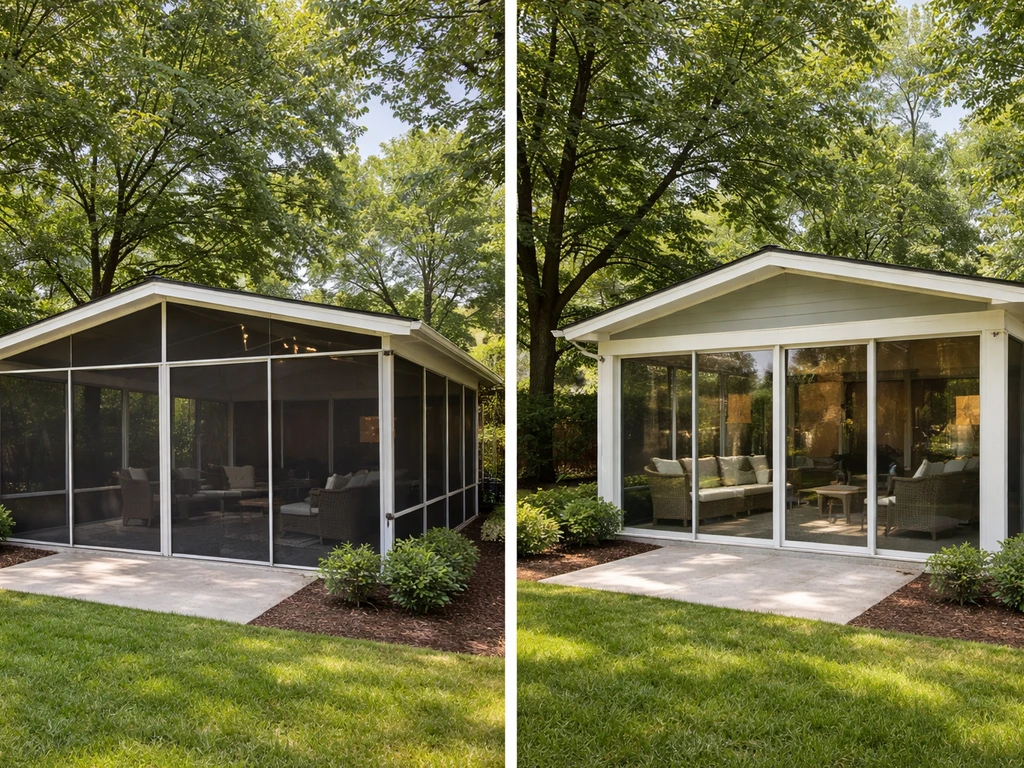 Side-by-side backyard view of a screened patio enclosure and an enclosed, glass sunroom in warm daylight.