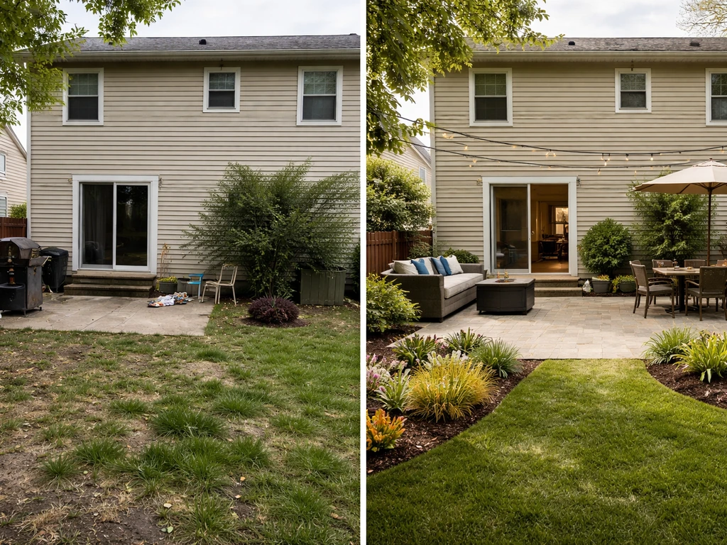 Split before-and-after view of the same backyard, cluttered left and refreshed usable patio right.