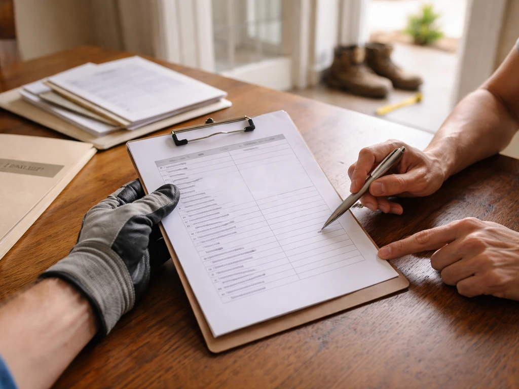 Handing a contractor checklist at a kitchen table while reviewing home repair scope and documents