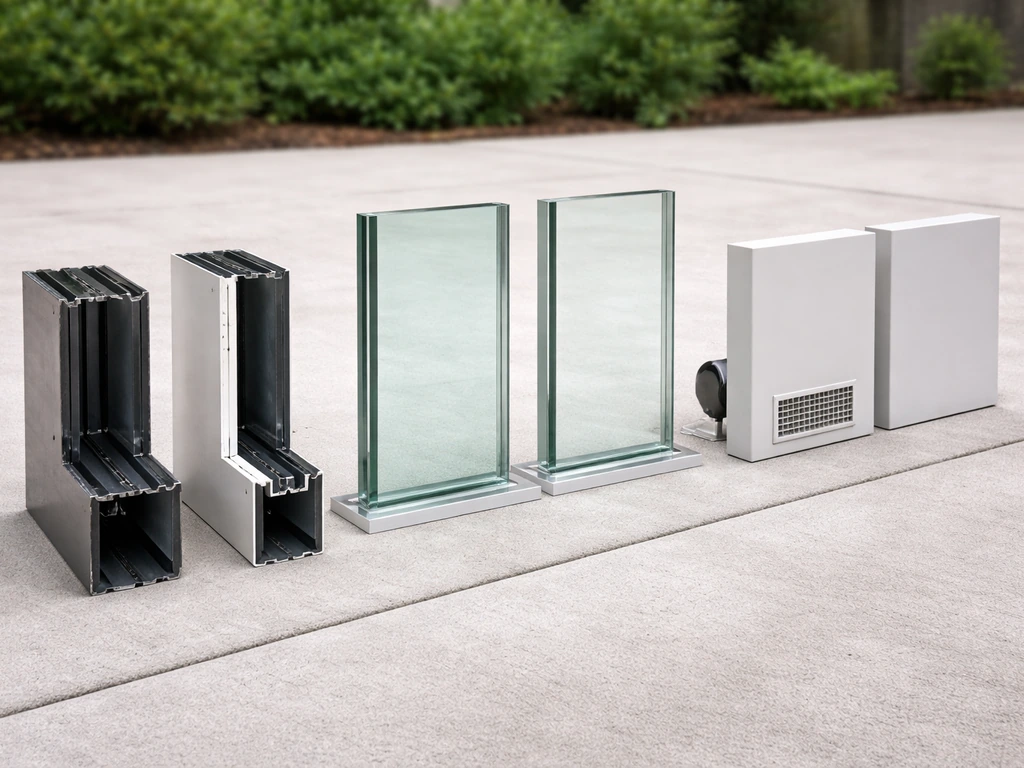 Three physical patio enclosure samples comparing frame thermal break, glass Low-E vs standard, and HVAC venting vs none.