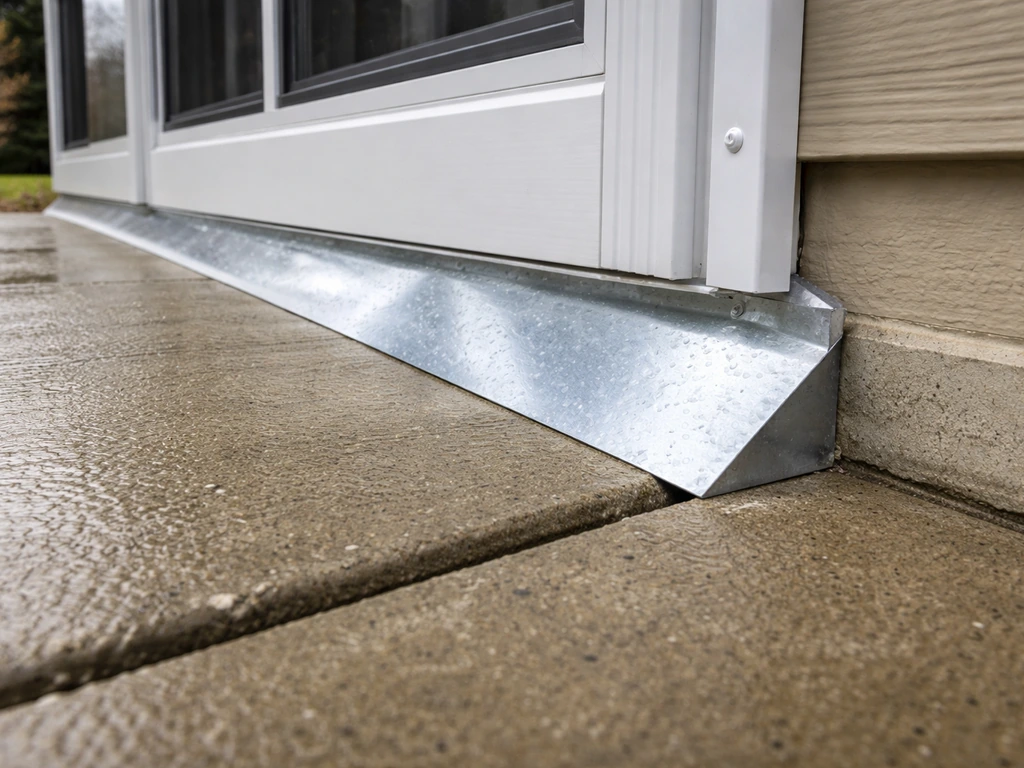 Close view of a Pittsburgh patio edge with metal flashing, sealed transitions, and drainage slope detail.