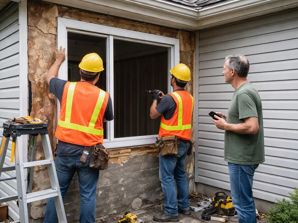Anonymous installers installing a storm repair window enclosure while a homeowner speaks nearby.