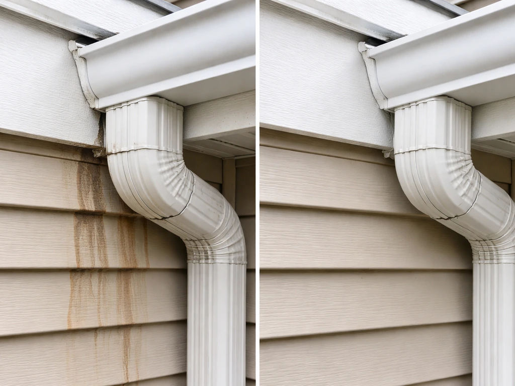Close-up of a home gutter/downspout connection showing a seal gap and improper drainage staining, with a cleaner after-s