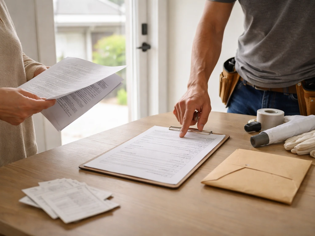 Homeowner reviewing warranty and contractor paperwork on a table during a gutter sealing discussion.