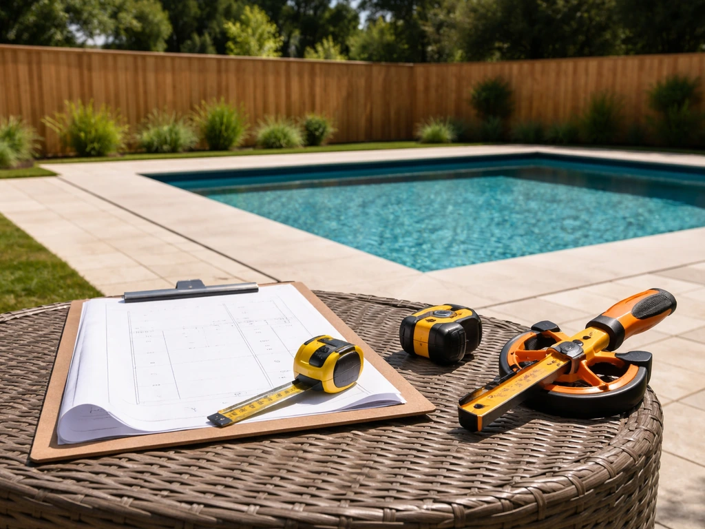 Texas backyard pool with a clipboard, blueprint, and tape measure on a patio table.