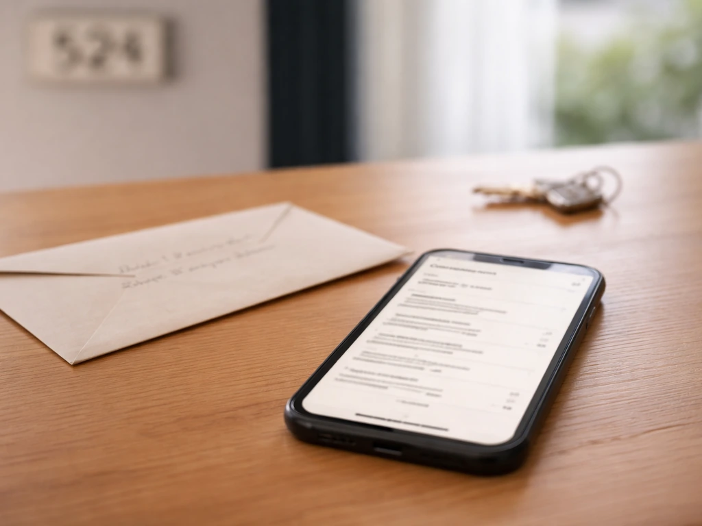 Close-up of a smartphone showing a contractor listing with matching address details next to a home address envelope