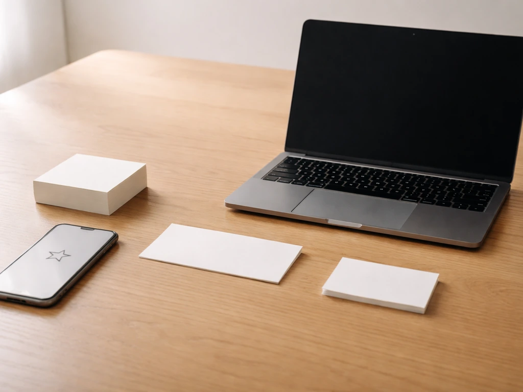 Three blurred review sources represented by anonymous objects on a desk: a phone, a credit-card-sized card, and a laptop