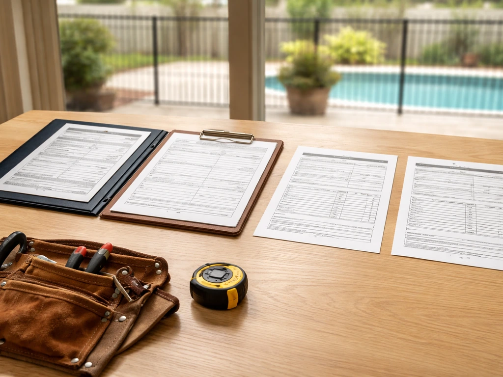 Texas pool/patio paperwork on a table with insurance and permits checklist items ready to verify