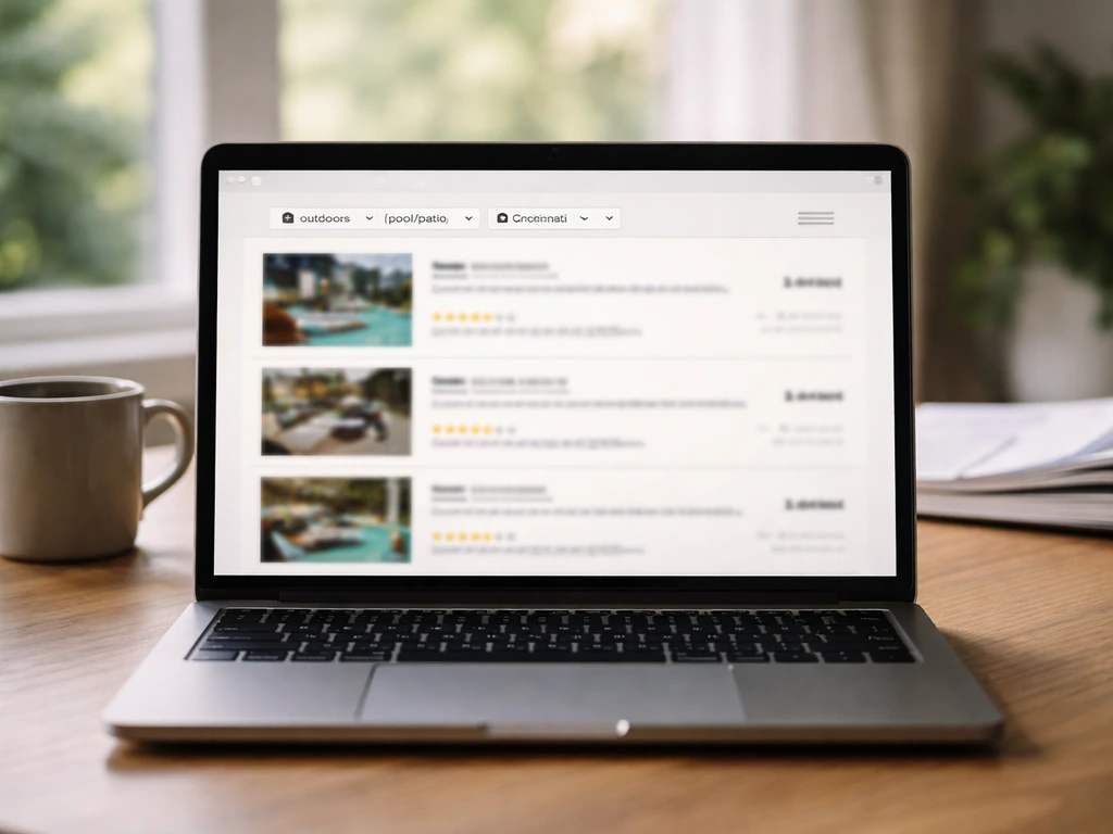 Laptop on a desk showing blurred review filters for Cincinnati pool and patio contractors.