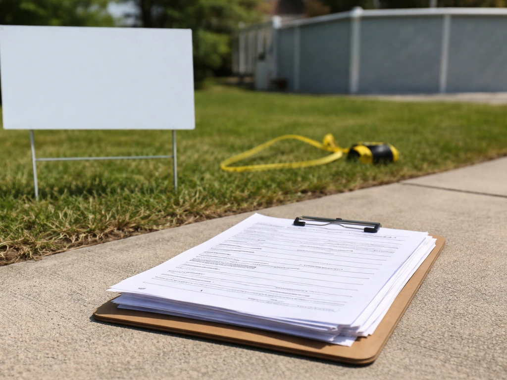 Pool permit paperwork staged on a clipboard next to a blank yard sign and a residential pool in the background.