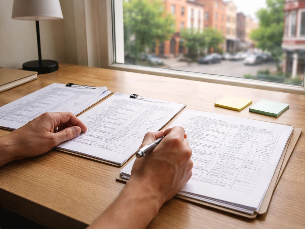 Person reviewing printed contractor bid sheets with handwritten notes on a desk near a window.