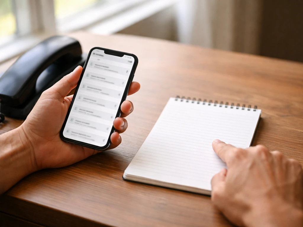 Hands comparing business listings on a smartphone beside a notepad and phone receiver