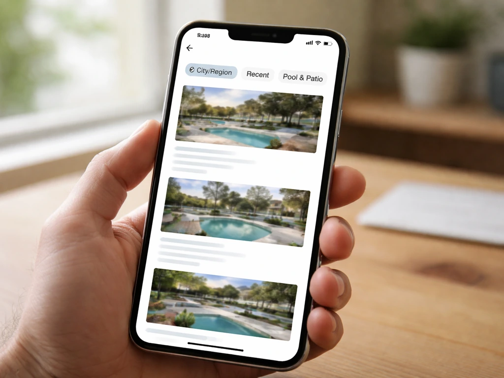 Phone screen showing pool patio service filters narrowed to recent projects in the selected city
