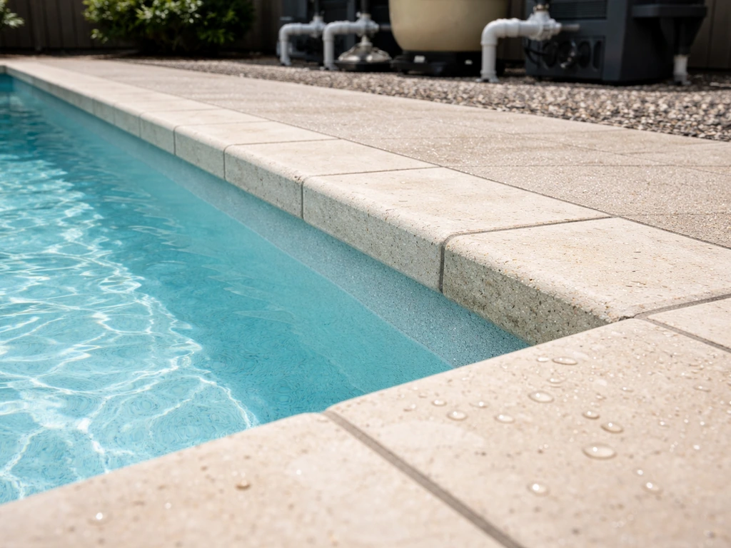 Close-up of pool coping alignment, plaster finish, deck surface, and filter pump area for contractor review cues.