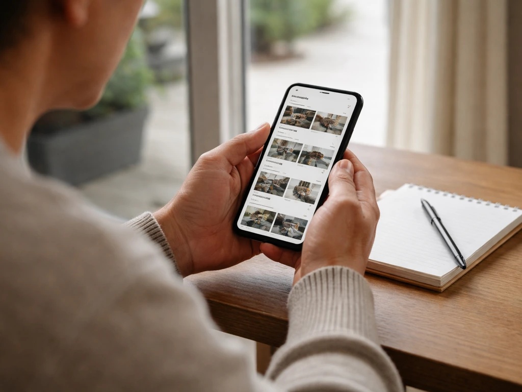 A homeowner at a patio door reviews a patio cover on a phone, with a notebook and pen nearby.