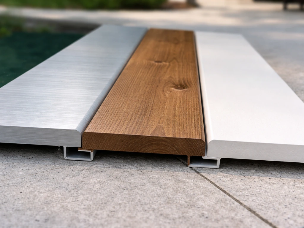 Three patio cover material mockups showing aluminum, wood, and vinyl textures side by side.