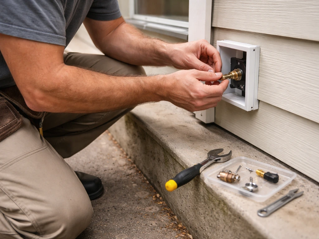 Contractor at a home exterior repairing a small panel/post with tools and replacement parts visible
