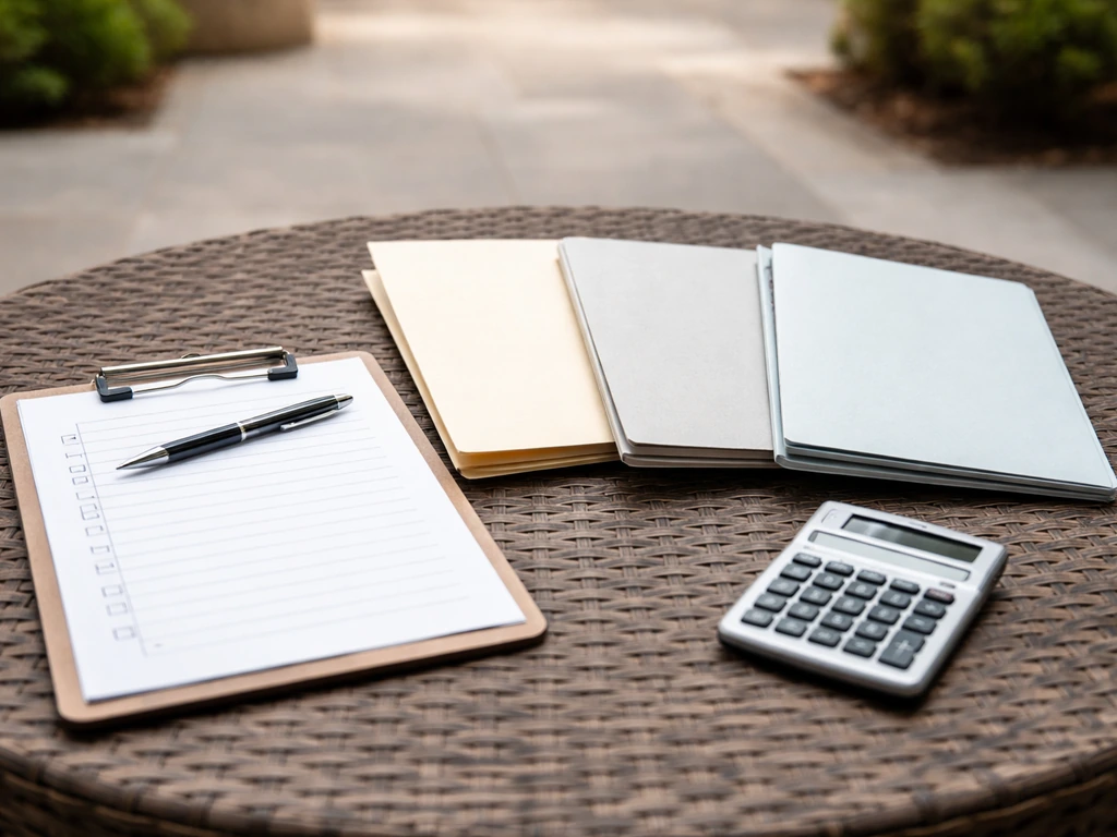 A contractor-style checklist and three bid folders on a patio table with a pen and calculator