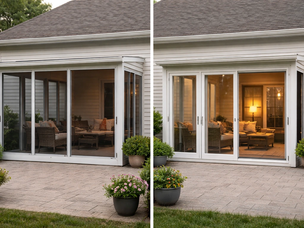 Minimal photo showing a three-season patio enclosure next to a four-season sunroom-style glass room with different insul