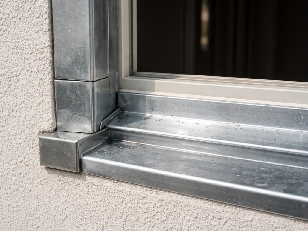 Close-up of window flashing and a sill pan drainage area showing water intrusion risk details