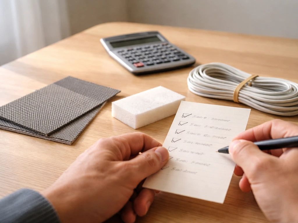 Close-up of a homeowner’s hands reviewing a patio enclosure budget checklist with sample materials nearby.